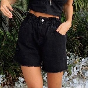 Princess Polly High Waist Open Road Black Denim Paperbag Shorts